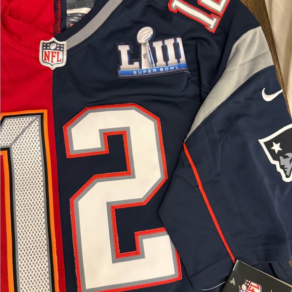 Tom Brady 12 Buccaneers and Patriots Red/Blue Split Jersey with tags - Picture 5 of 10